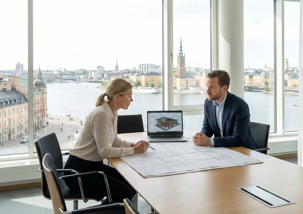 Konsulter på kontor i Sverige och diskuterar finansiering