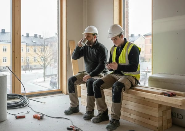 Två byggare har rast och läser om finansiering på Euro Finans webbplats