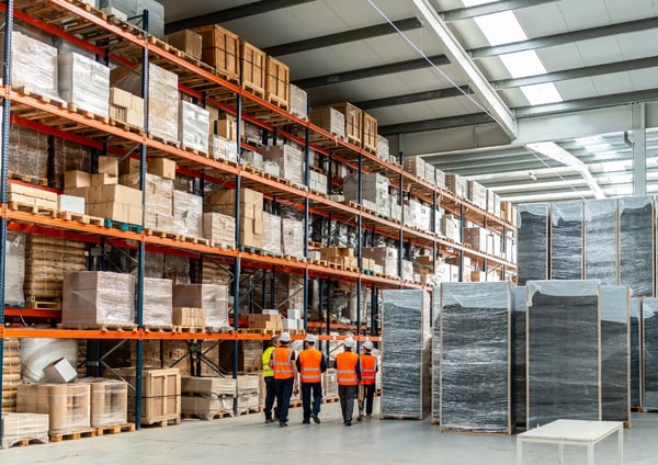 Kollegor i varselvästar och hjälm går genom grossisthall och tänker på finansiering och Euro Finans